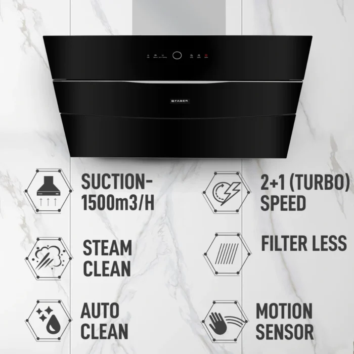 Faber HOOD BOLT PRO FL SW SC BK 90 Auto Clean Wall Mounted Chimney  (Black 1500 CMH) - Image 6